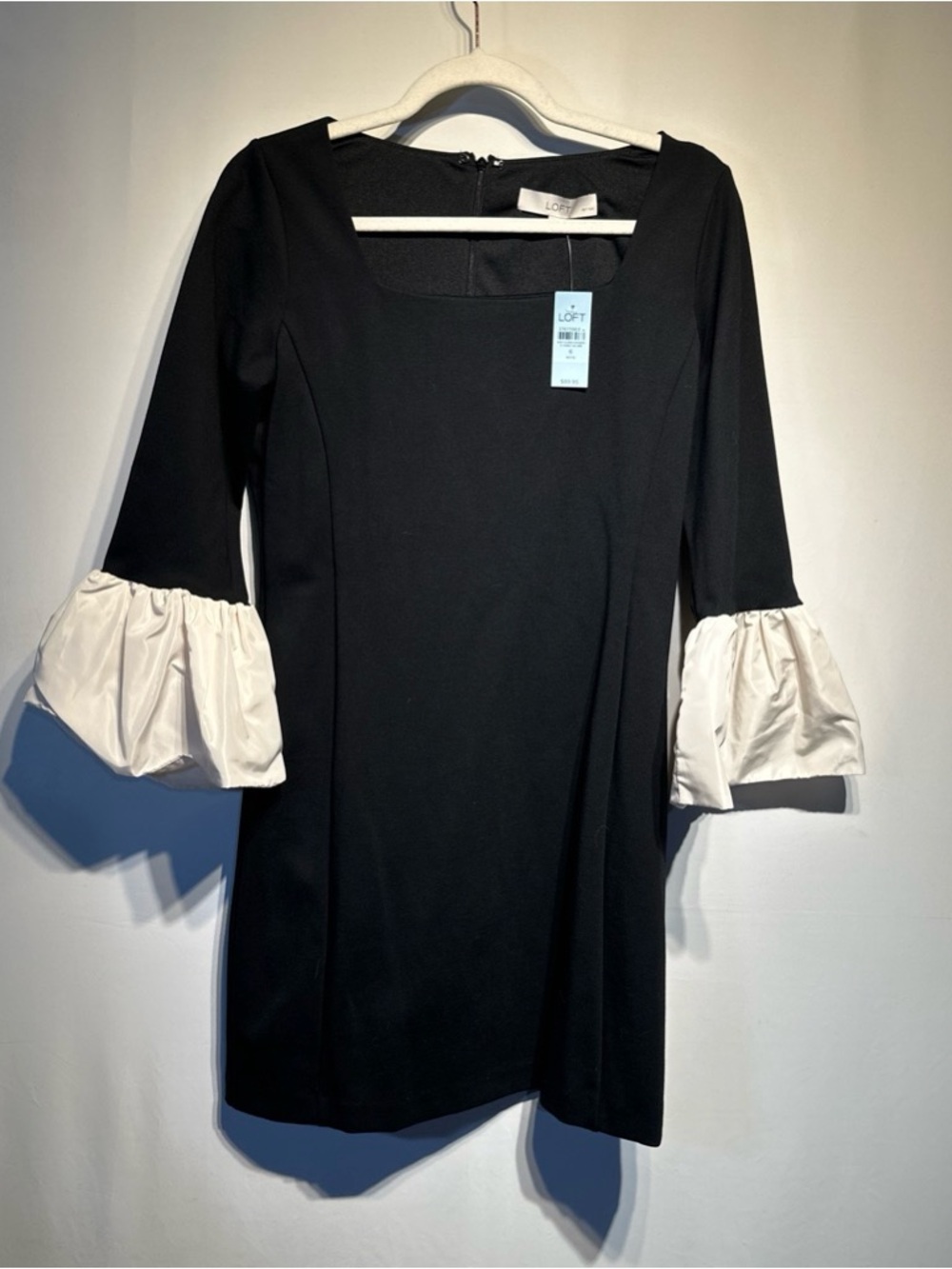 LOFT Petite Black Mini Dress with White Ruffle Sleeves